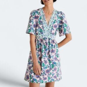 Boden Poplin Vneck Contrast Detail Dress 4  Blue Purple Floral